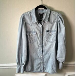 Wrangler Retro Womens Light Wash Denim Puff Sleeve Western Pearl Snap Shirt L